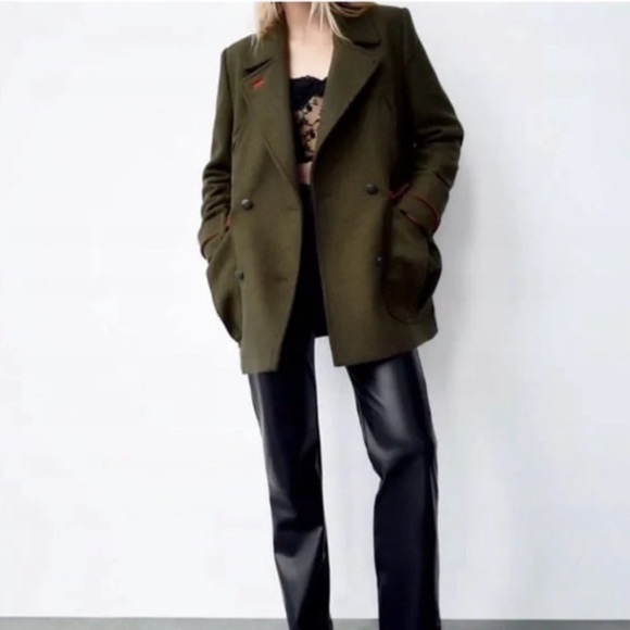 Zara Olive Green/Red Wool Blend Coat Excellent Condition XS - Picture 2 of 9